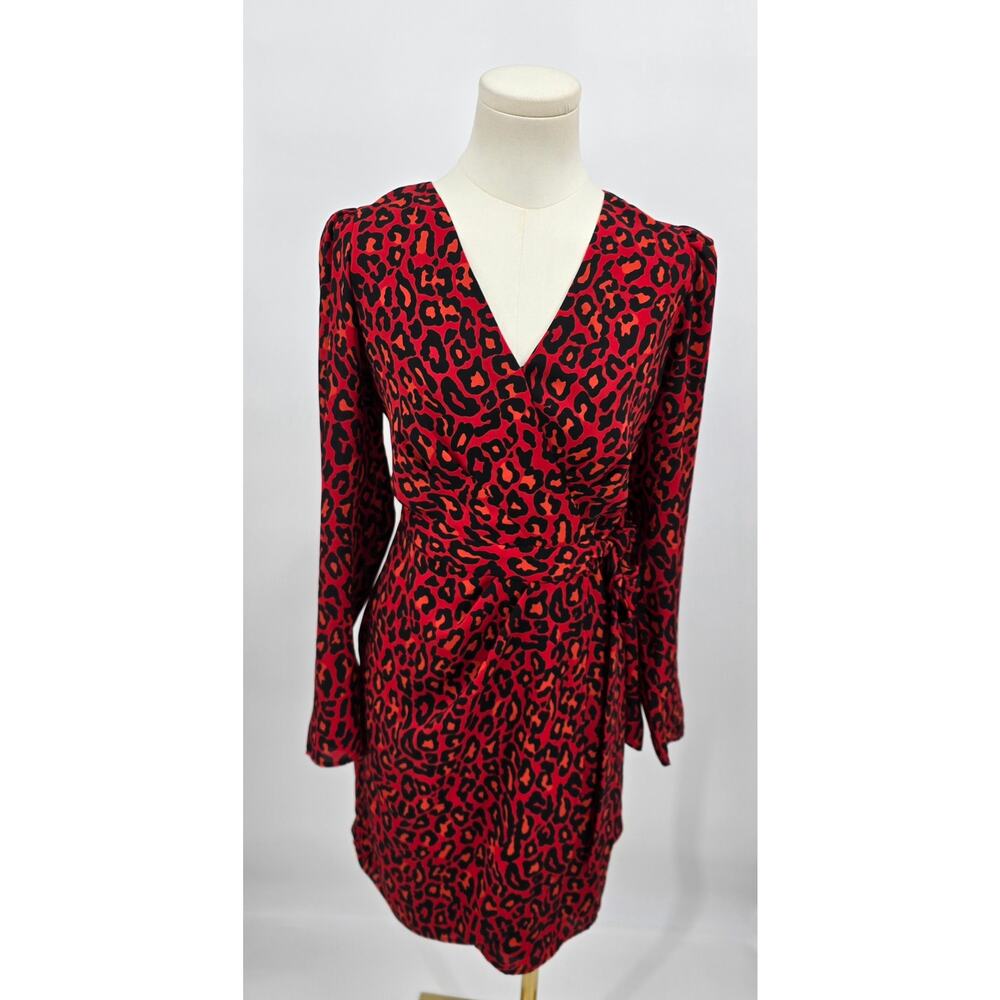 Banana Republic Bombshell Mob Wife Orange-Red‎ Leopard Print Faux Wrap Dress